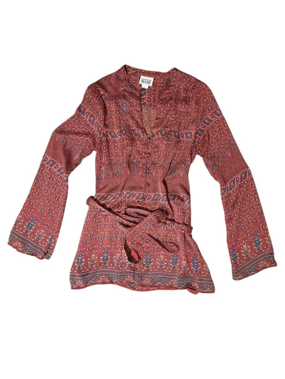 Converse All Star Rust Red & Navy Printed Button Down Boho Sheer Top